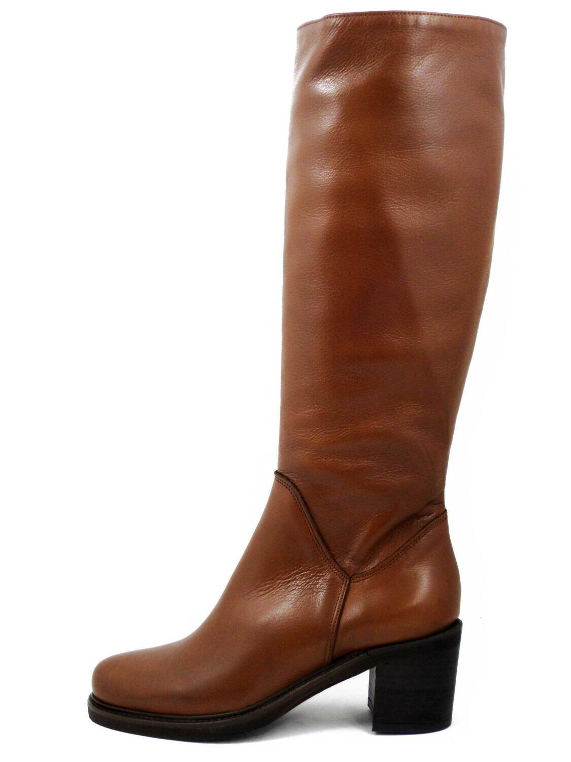 Stivali Donna al ginocchio in Pelle Marrone Cuoio Tacco Medio 6 cm Made in Italy OLIMPIA