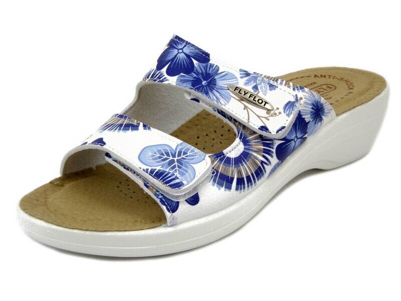FlyFlot, Ciabatte Donna in Eco Pelle Bianco Fantasia Blu, Chiusura a Strap, Sottopiede Anatomico in Vera Pelle, Zeppa Bassa, T5B18P