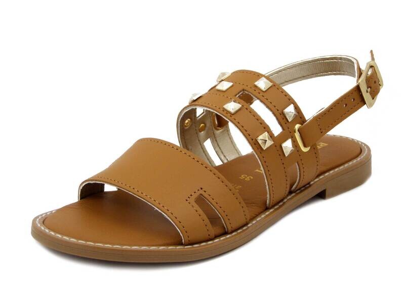 Prativerdi, Sandali Donna in Pelle Marrone Cuoio con Borchie Dorate, Made in Italy, 50035 Prativerdi, Sandali Donna in Pelle Marrone Cuoio con Borchie Dorate, Made in Italy, 50035