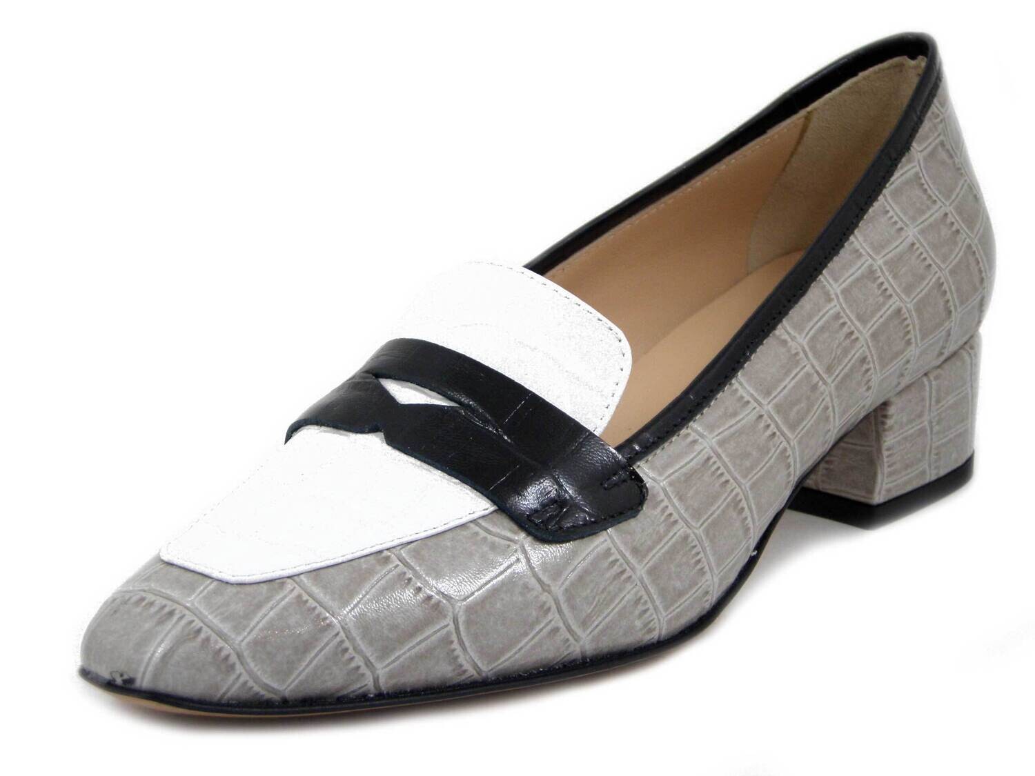 Osvaldo Pericoli, Mocassino Donna in Pelle Stampa Cocco Beige Bianco Nero, Tacco Basso 3 cm, Made in Italy