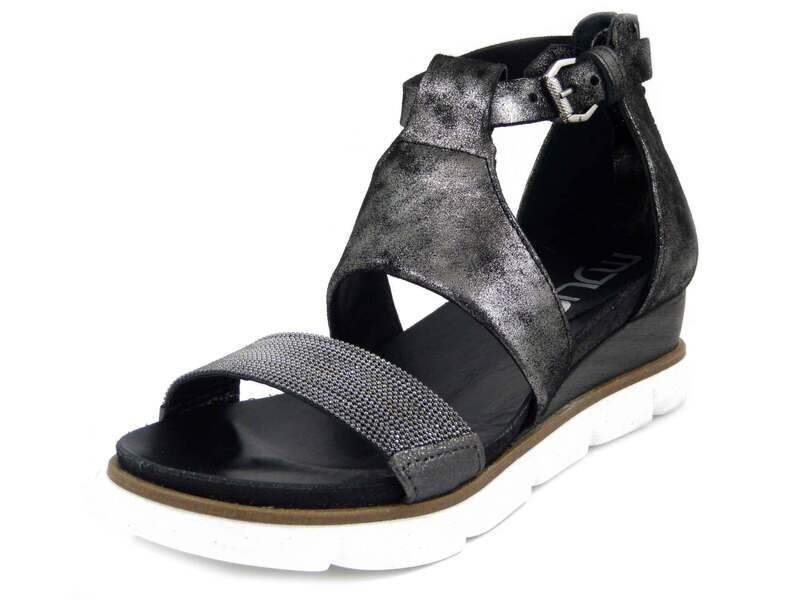 MJUS, Sandalo Donna in Pelle Nero laminato, Zeppa Media 5 cm, 866026