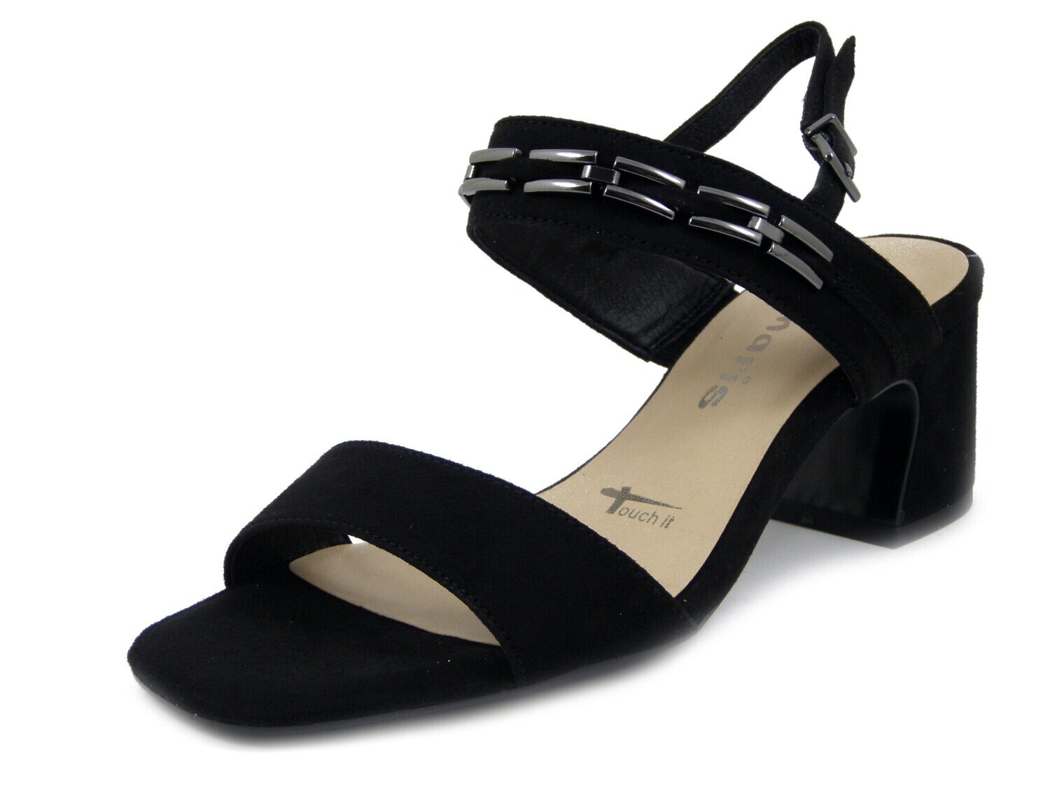 Tamaris, Sandalo Donna in Eco Camoscio Nero, Tacco Medio 6 cm, Pianta Comoda, 28338
