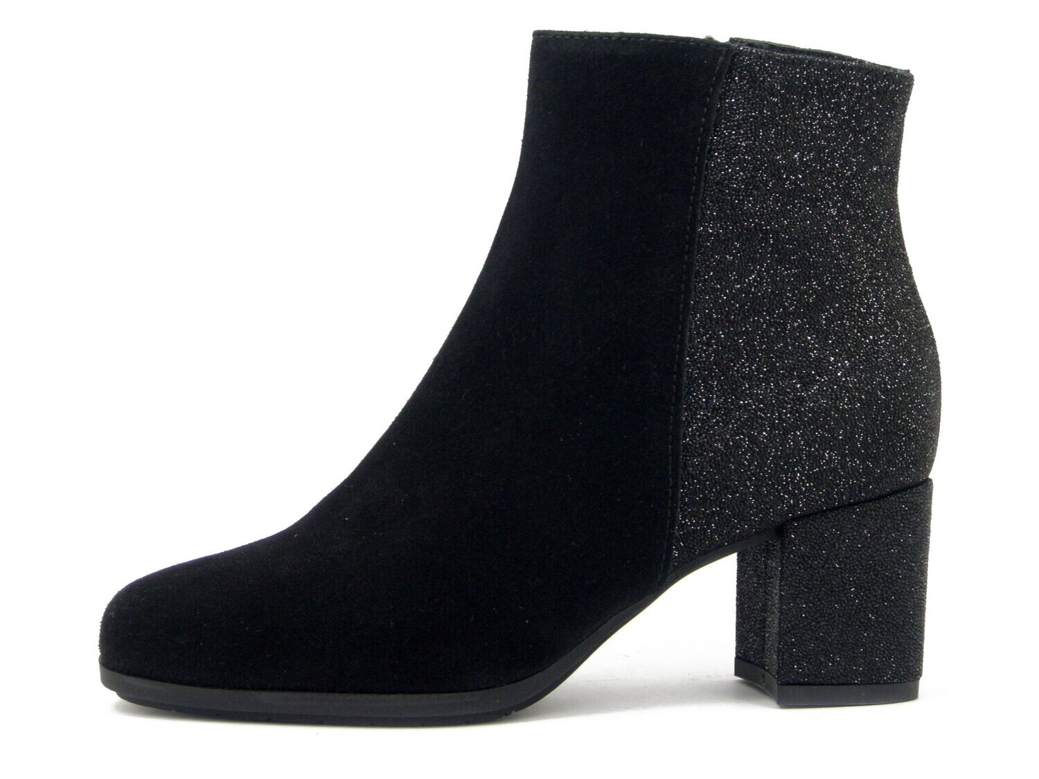 Osvaldo Pericoli, Stivaletto Donna in Pelle Camoscio Nero e Pelle effetto Glitter, Tacco Medio 6 cm, Pianta Comoda, Made in Italy. 8561