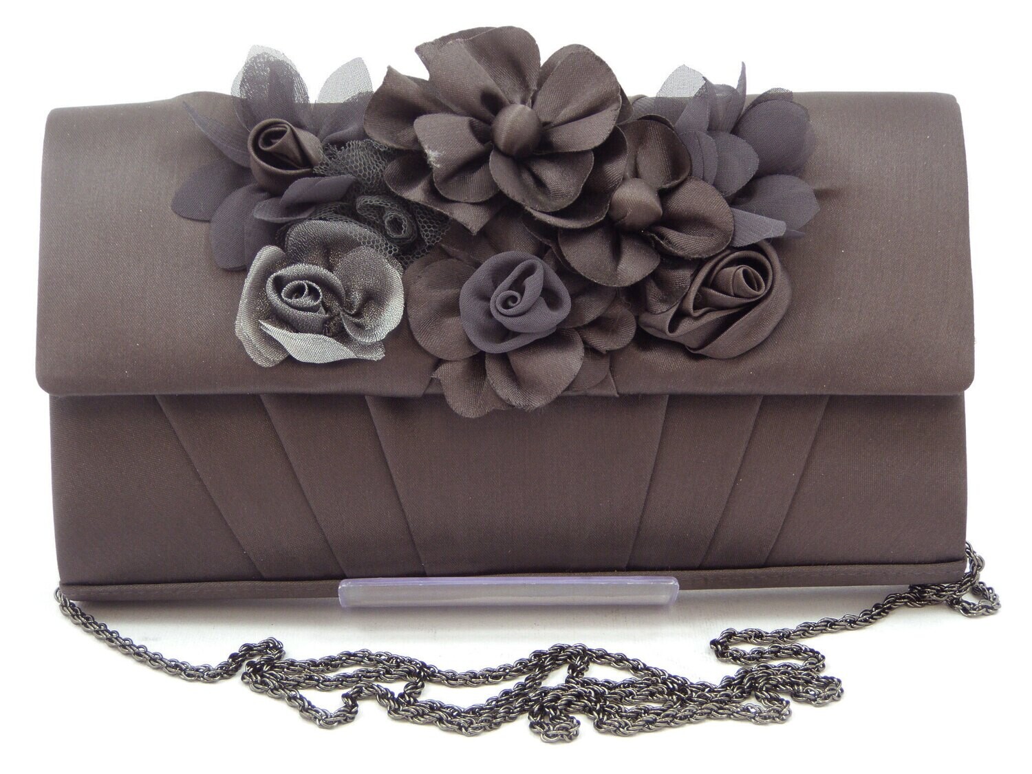 Pochette in raso colore Marrone scuro, chiusura calamita, con tracolla catena-769AN