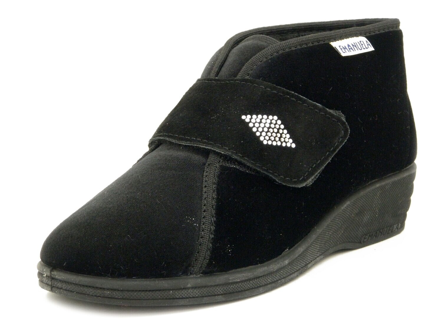 Emanuela, Pantofola Stivaletto Donna Invernale in Velluto Nero con Strap, Zeppa Bassa Antiscivolo, Pianta Larga, 536