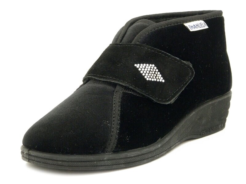 Emanuela, Pantofola Stivaletto Donna Invernale in Velluto Nero con Strap, Zeppa Bassa Antiscivolo, Pianta Larga, 536
