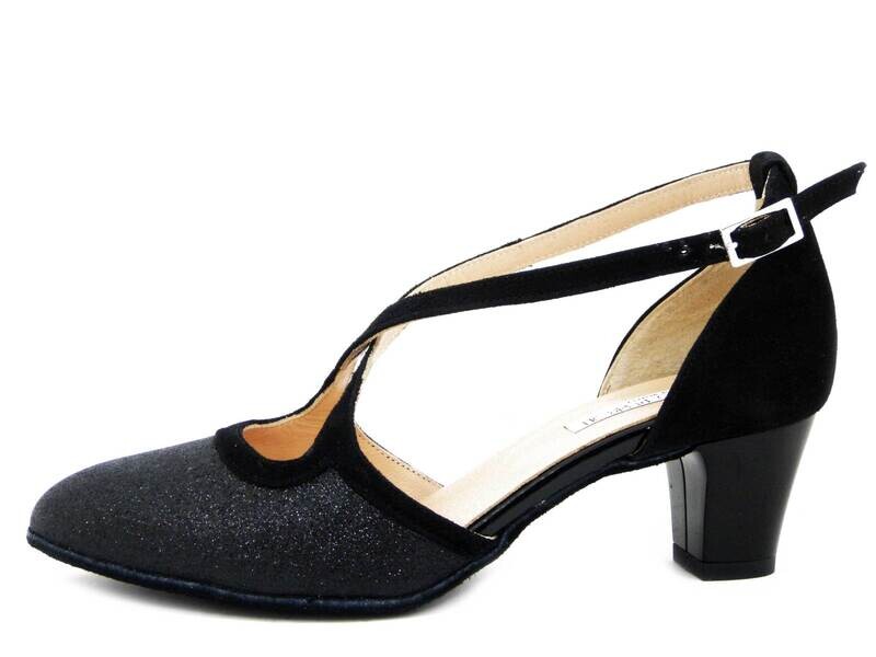 Scarpe Donna da Ballo in Pelle Camoscio e Glitter Nero, Tacco Medio Basso 5 cm,  Made in Italy, EB201