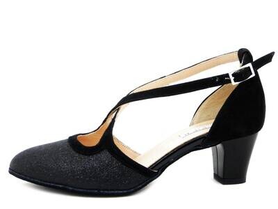Scarpe Donna da Ballo in Pelle Camoscio e Glitter Nero, Tacco Medio Basso 5 cm,  Made in Italy, EB201