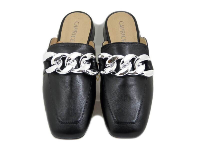 CAPRICE, Sabot in Pelle Nero con Catena, Tacco Basso, 27104 CAPRICE, Sabot in Pelle Nero con Catena, Tacco Basso, 27104