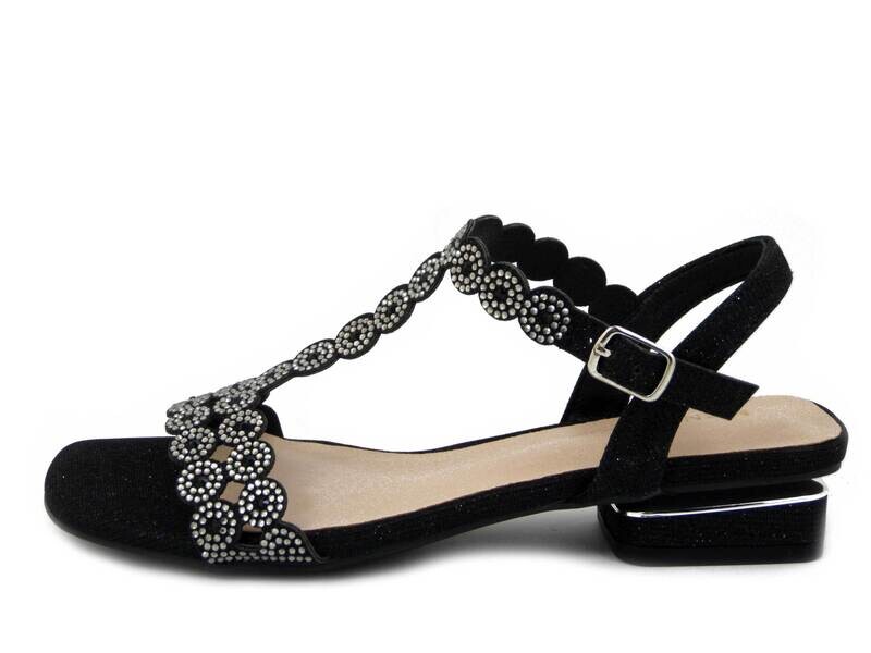 Sandali Donna Gioiello Tessuto Glitter Nero, Tacco Basso, MENBUR 23444 Sandali Donna Gioiello Tessuto Glitter Nero, Tacco Basso, MENBUR 23444