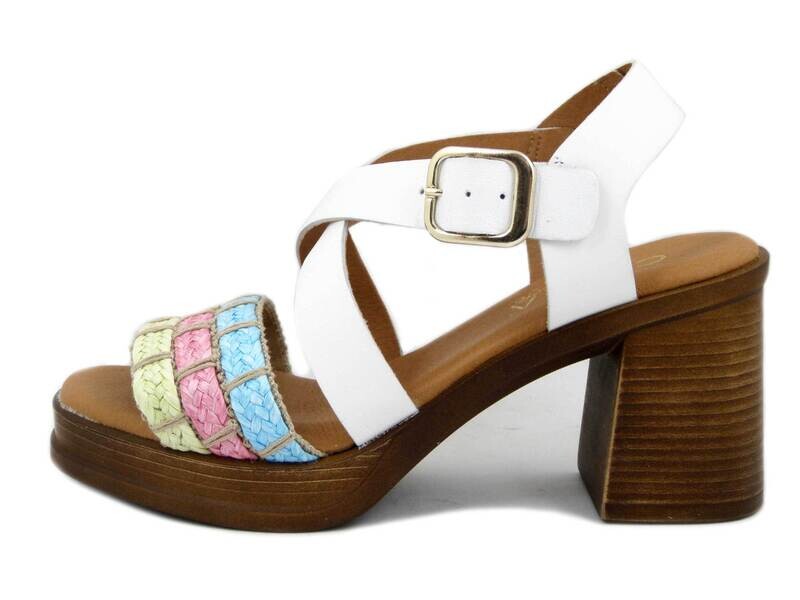 Sandali Donna in Pelle Bianco e Tessuto Multicolore, Tacco Medio e Plateau, CINZIA SOFT 916105 Sandali Donna in Pelle Bianco e Tessuto Multicolore, Tacco Medio e Plateau, CINZIA SOFT 916105