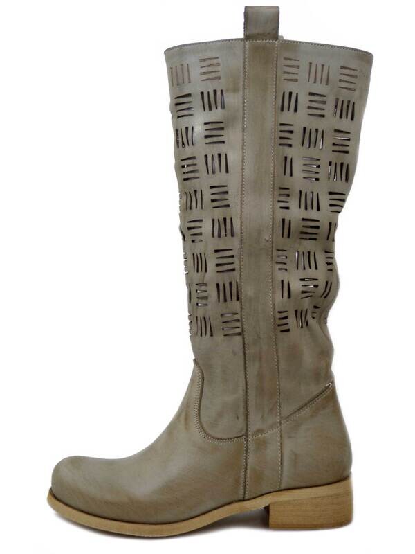 Stivali Donna Estivi in Pelle Beige, Tacco Basso, Made in Italy, 6716