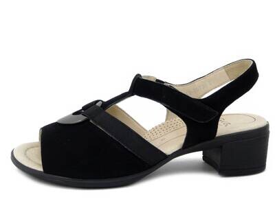 Sandalo Donna Comfort in Pelle Camoscio Nero, Tacco Basso, Pianta Larga, ARA 1235730 Sandalo Donna Comfort in Pelle Camoscio Nero, Tacco Basso, Pianta Larga, ARA 1235730