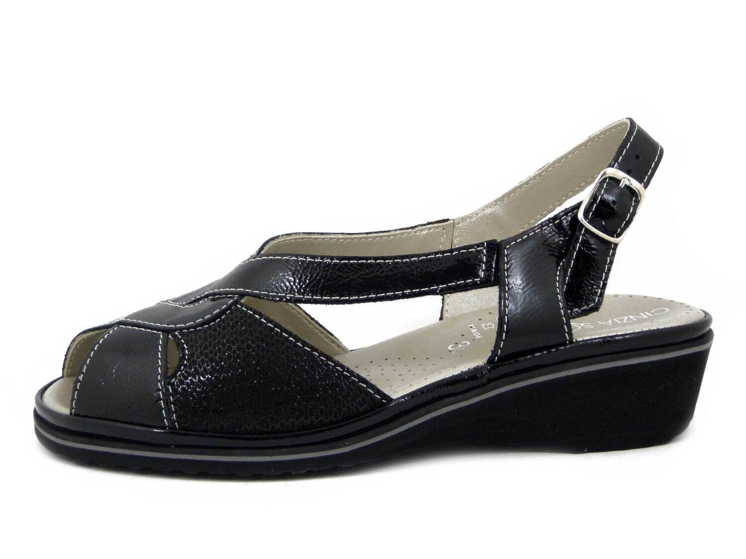 CINZIA SOFT, Sandali Donna Comfort in Pelle Nero, Zeppa Bassa, Pianta Larga, MARY