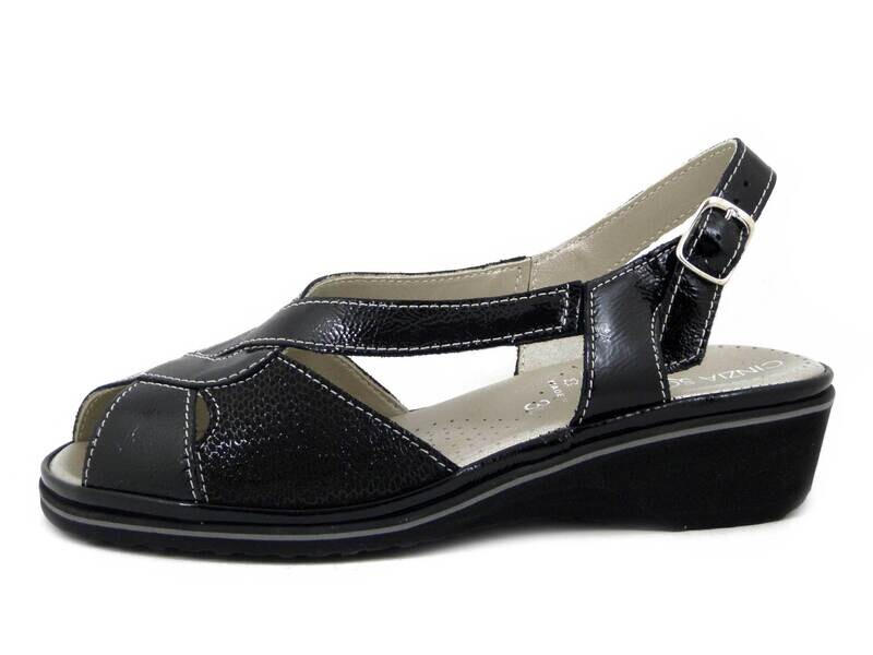 CINZIA SOFT, Sandali Donna Comfort in Pelle Nero, Zeppa Bassa, Pianta Larga, MARY