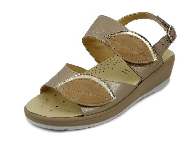 CINZIA SOFT, Sandali Donna Linea Ortopedica in Pelle Beige Platino, Doppio Strap, Plantare Estraibile, Zeppa Bassa, 12533