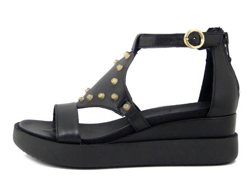 Sandali Donna in Pelle Nero con Borchie, Zeppa Media 5 cm, MJUS - 18007