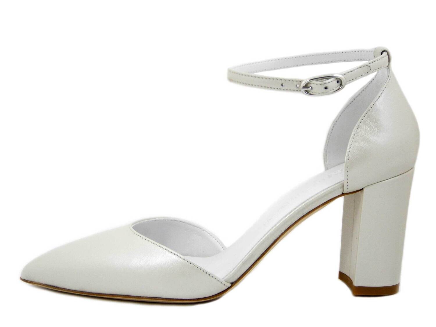 Scarpe da Sposa DecolletÃ© Aperte con Cinturino in Pelle Bianco Avorio, Tacco Medio 7 cm, Made in Italy, Osvaldo Pericoli - STEFY