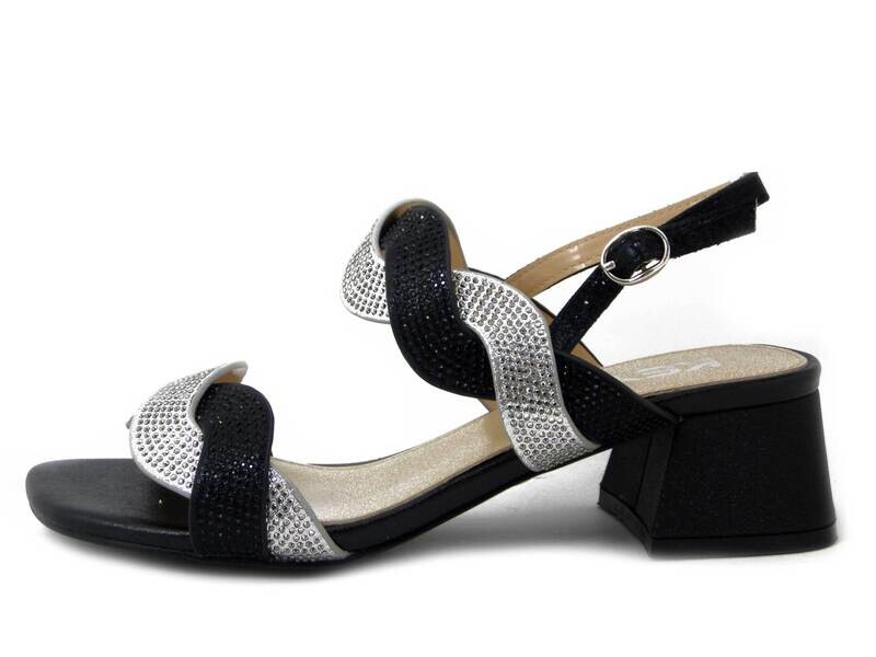 Sandali Donna in Eco Pelle Nero e Argento con Strass, Tacco Basso 4 cm, KEYS - K7906 Sandali Donna in Eco Pelle Nero e Argento con Strass, Tacco Basso 4 cm, KEYS - K7906