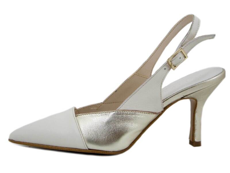 Scarpe Donna Eleganti Decolletè Sling Back in Pelle Beige e Oro, Tacco Medio Alto 8 cm, 102 Scarpe Donna Eleganti Decolletè Sling Back in Pelle Beige e Oro, Tacco Medio Alto 8 cm, 102