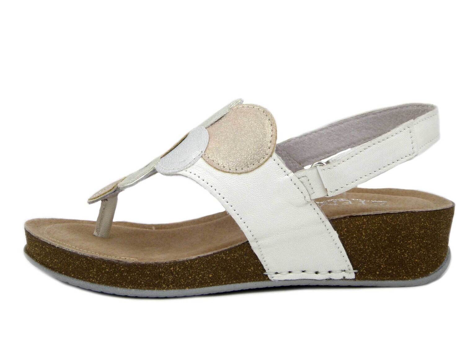 Sandali Infradito Donna in Pelle Bianco e Multicolore con Strap, Zeppa Bassa, Pianta Comoda, ATEMA - 7733BE