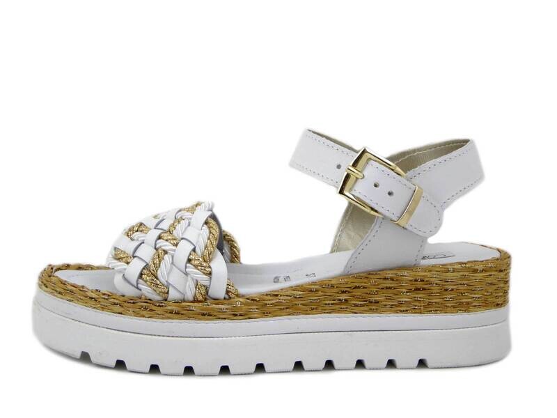 Sandalo Donna in Pelle Bianco e Oro, Zeppa Bassa, Osvaldo Pericoli - 132133 Sandalo Donna in Pelle Bianco e Oro, Zeppa Bassa, Osvaldo Pericoli - 132133