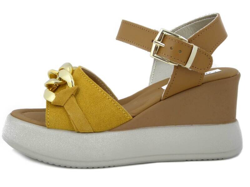 Sandalo Donna in Pelle Marrone Cuoio e Giallo, Zeppa Media Alta 8 cm, Osvaldo Pericoli - 108149 Sandalo Donna in Pelle Marrone Cuoio e Giallo, Zeppa Media Alta 8 cm, Osvaldo Pericoli - 108149