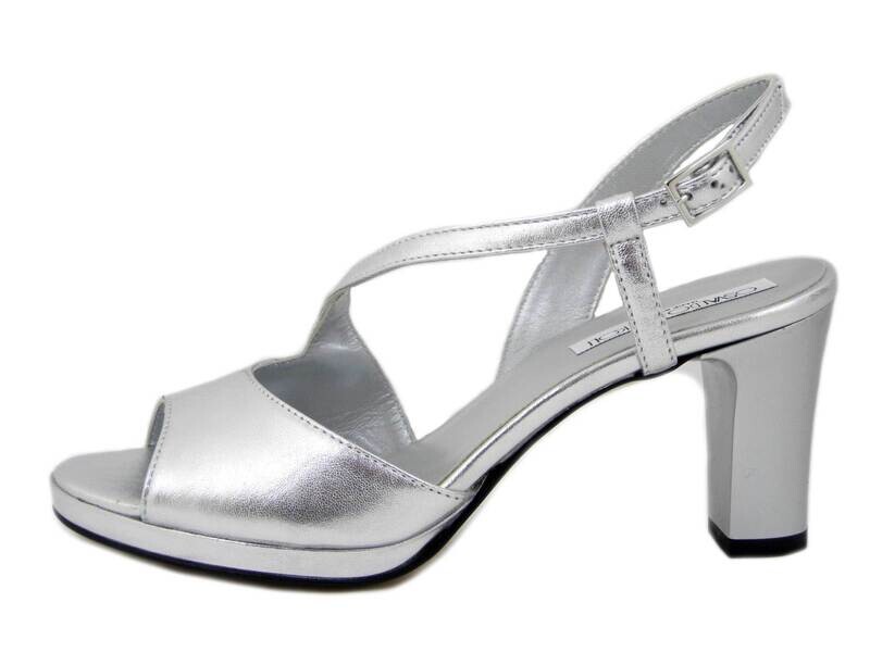 Sandali Donna in Pelle Argento, Tacco Medio e Plateau, Osvaldo Pericoli - 23663