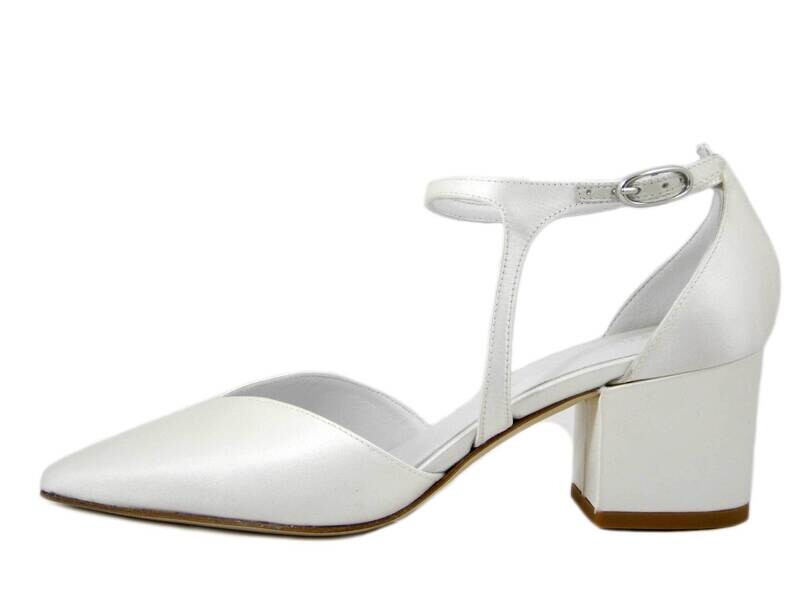 Scarpe da Sposa Decolletè in Raso Seta Bianco Avorio, Tacco Medio Basso 5 cm, Made in Italy, Osvaldo Pericoli - GIUDY