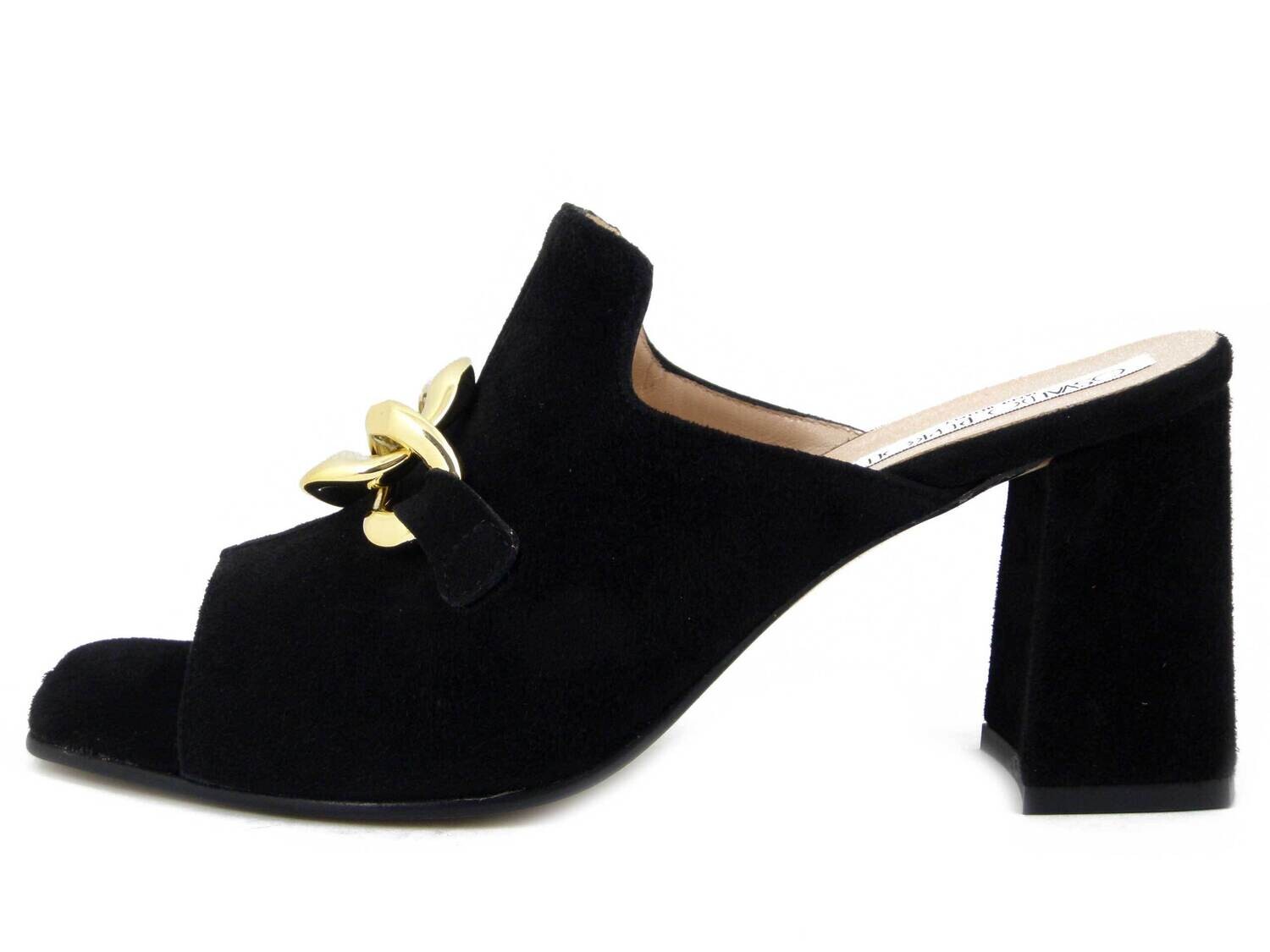Sandali Donna in Pelle Camoscio Nero con Catena, Tacco Alto 8 cm, Osvaldo Pericoli - 23732