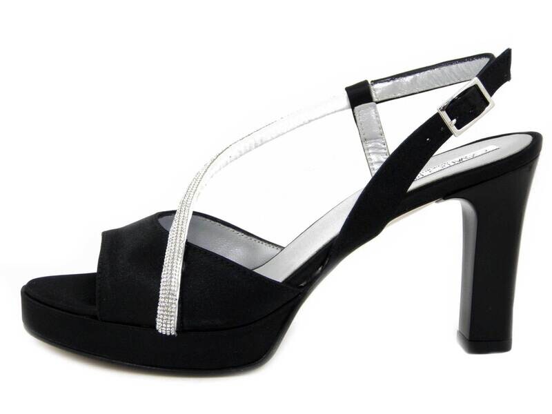 Sandali Donna Eleganti in Raso Nero e Strass Argento, Tacco Alto 9 cm e Plateau, Osvaldo Pericoli - 23672