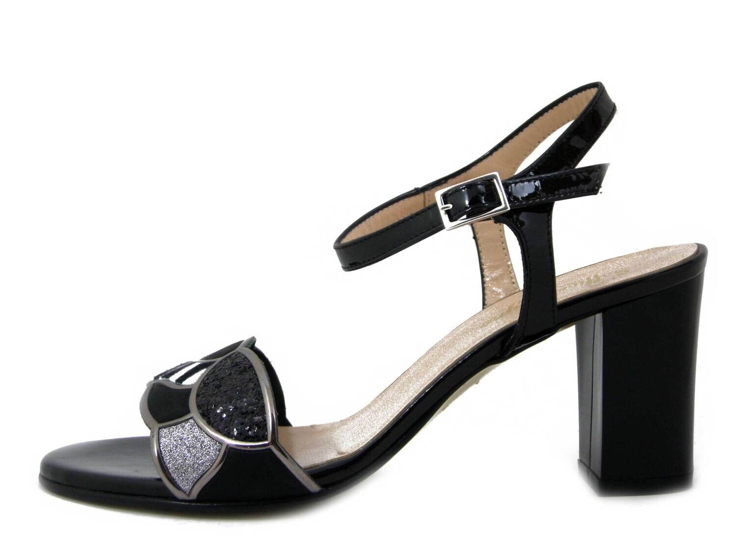 Sandalo Donna in Pelle Lucida Nero, Tacco Medio 8 cm, Soffice Sogno - 21600