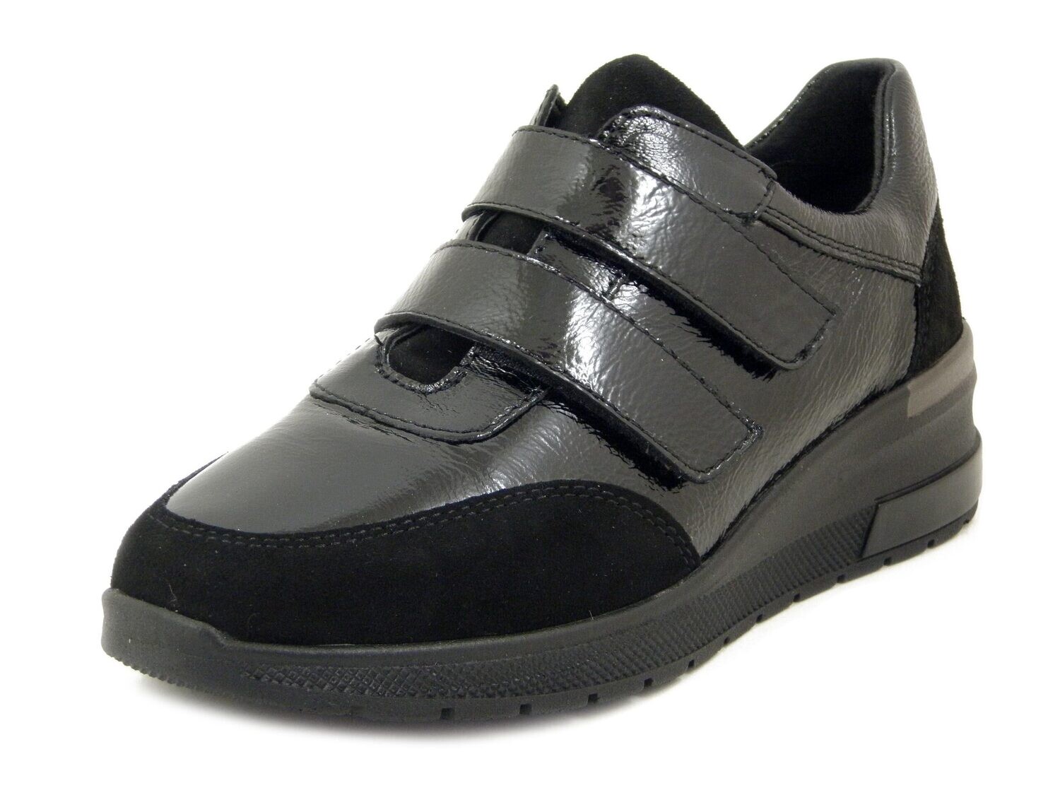 Scarpe Sneakers Donna in Pelle Lucida Nero con Strap, Plantare Estraibile Estraibile, CINZIA SOFT - 420283