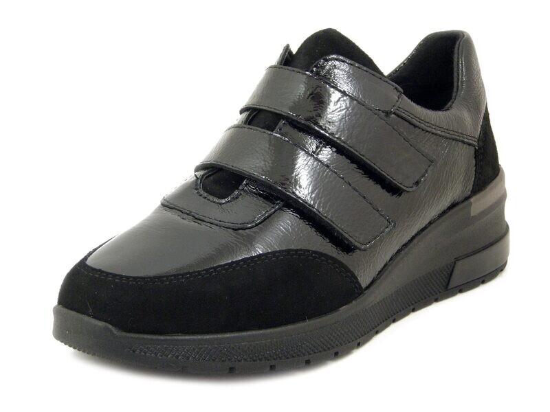 Scarpe Sneakers Donna in Pelle Lucida Nero con Strap, Plantare Estraibile Estraibile, CINZIA SOFT - 420283