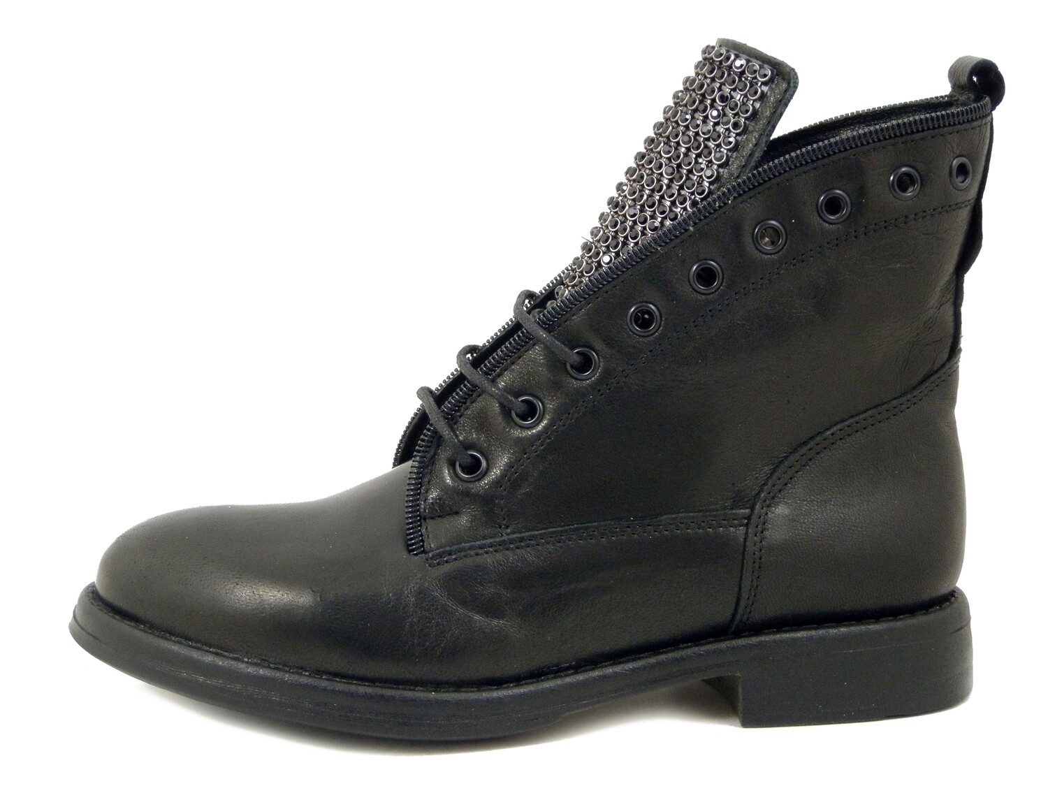 Stivaletti Donna Stringati Anfibi in Pelle Nero con Strass, Tacco Basso, Osvaldo Pericoli - 10762