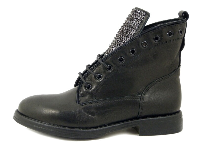 Stivaletti Donna Stringati Anfibi in Pelle Nero con Strass, Tacco Basso, Osvaldo Pericoli - 10762