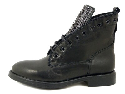 Stivaletti Donna Stringati Anfibi in Pelle Nero con Strass, Tacco Basso, Osvaldo Pericoli - 10762