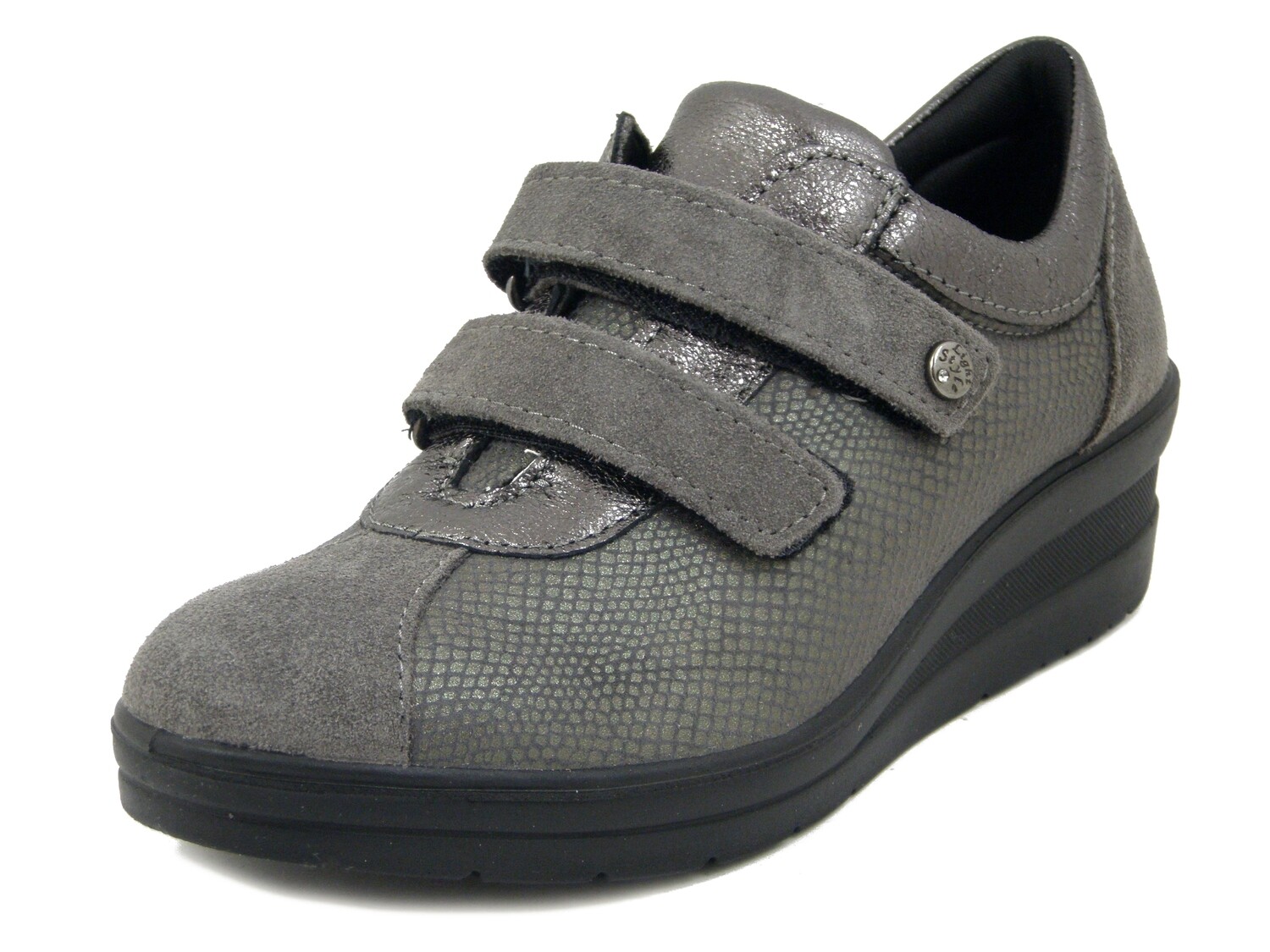 Scarpe Sneakers Donna Comfort in Pelle e Tessuto Elasticizzato Grigio con Strap, Zeppa Bassa, Plantare Estraibile, IMAC - 455700