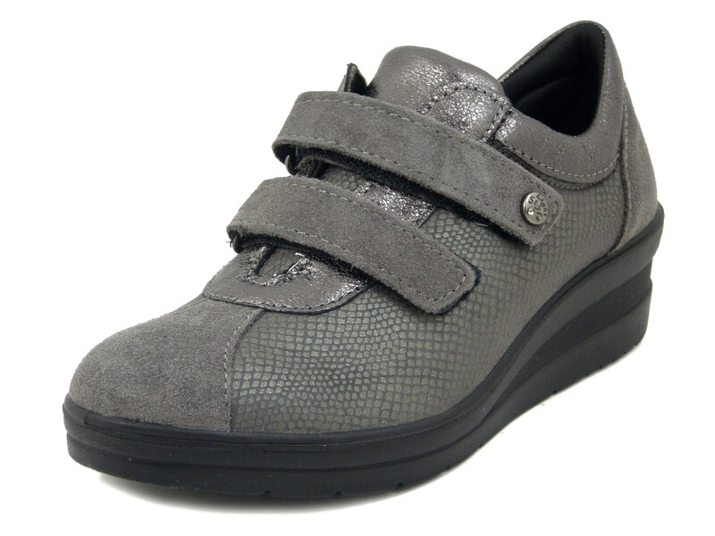 Scarpe Sneakers Donna Comfort in Pelle e Tessuto Elasticizzato Grigio con Strap, Zeppa Bassa, Plantare Estraibile, IMAC - 455700