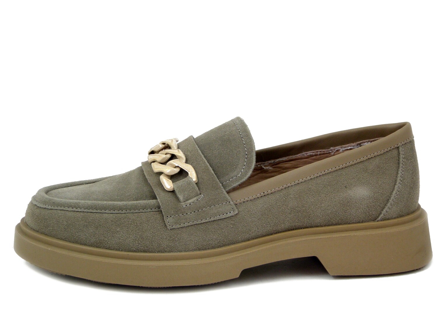 Mocassini Donna in Pelle Camoscio Beige con Catena, Tacco Basso, KEYS - K8540