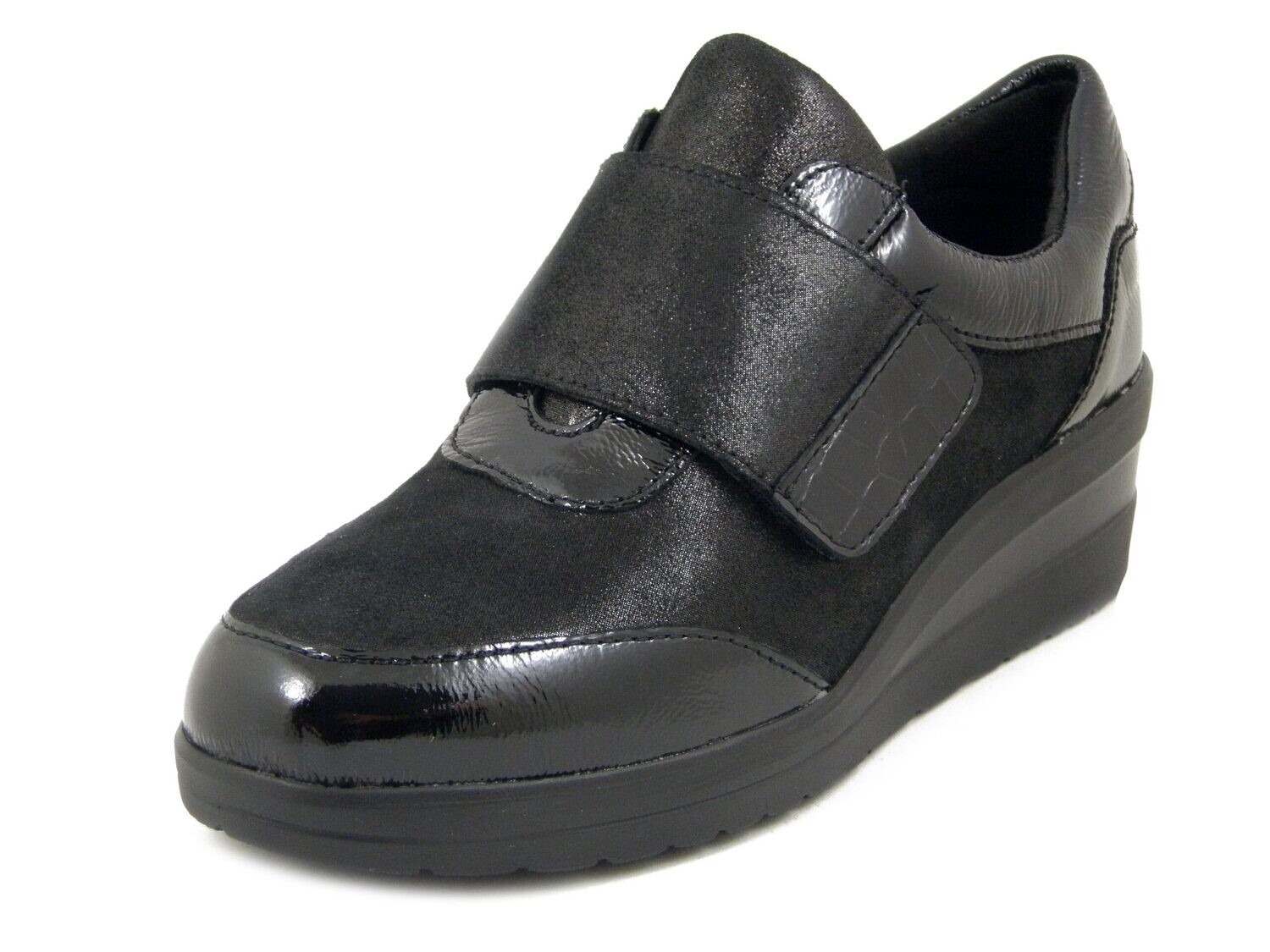 Sneakers Donna Comfort in Pelle Nero con Strap, Zeppa Media, Plantare Estraibile, LUXURY - RITA54