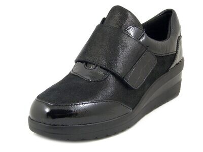 Sneakers Donna Comfort in Pelle Nero con Strap, Zeppa Media, Plantare Estraibile, LUXURY - RITA54
