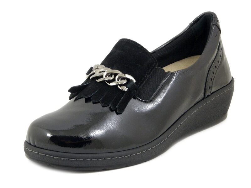 Mocassini Donna Scarpe Linea Ortopedica Sanitaria in Pelle Lucida Nero , Zeppa Bassa, Plantare Estraibile, CINZIA SOFT - 5116223