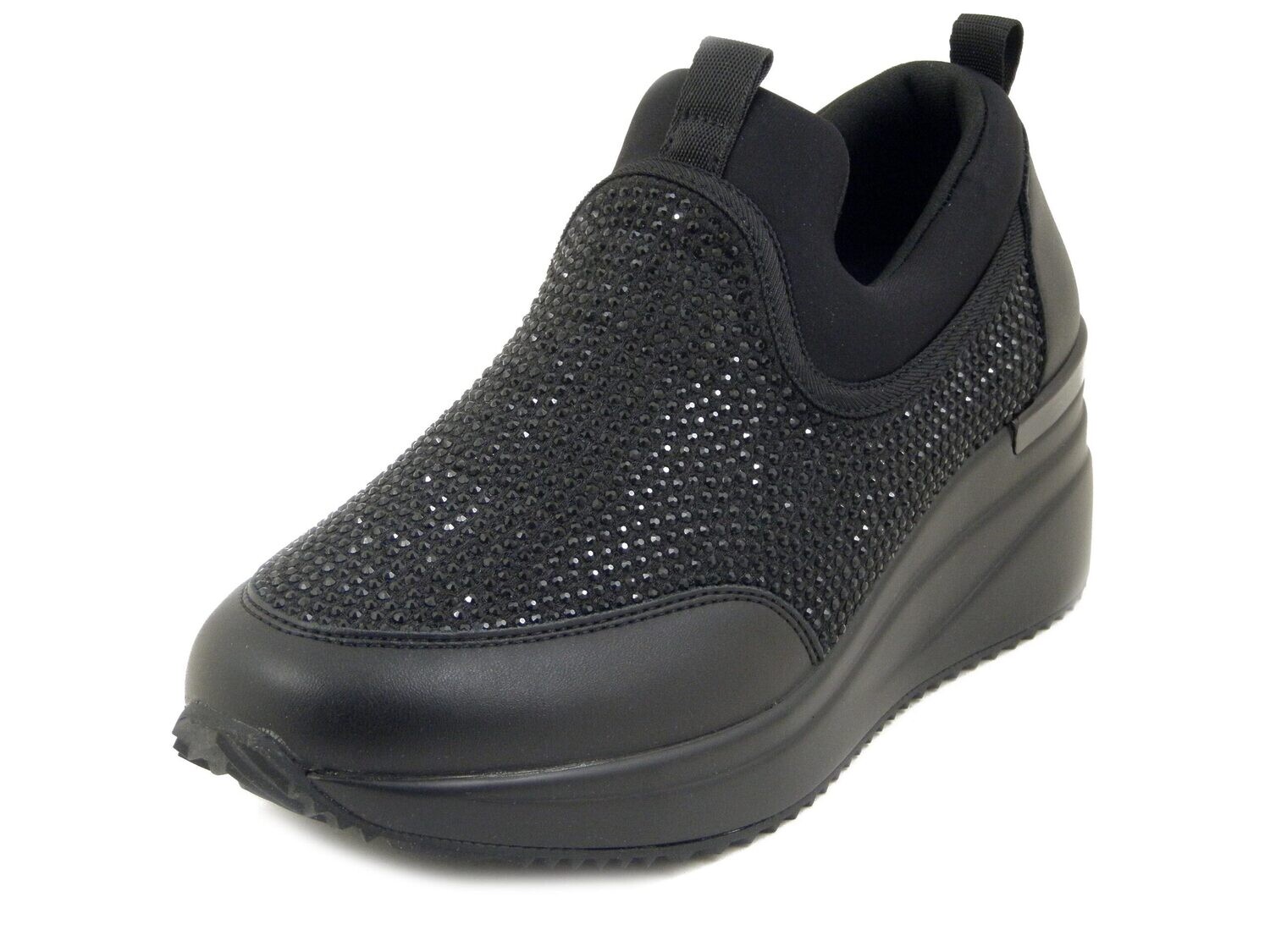 Sneakers Donna in Tessuto Nero con Strass, Zeppa Media, Sottopiede Estraibile - Lumberjack - 7605