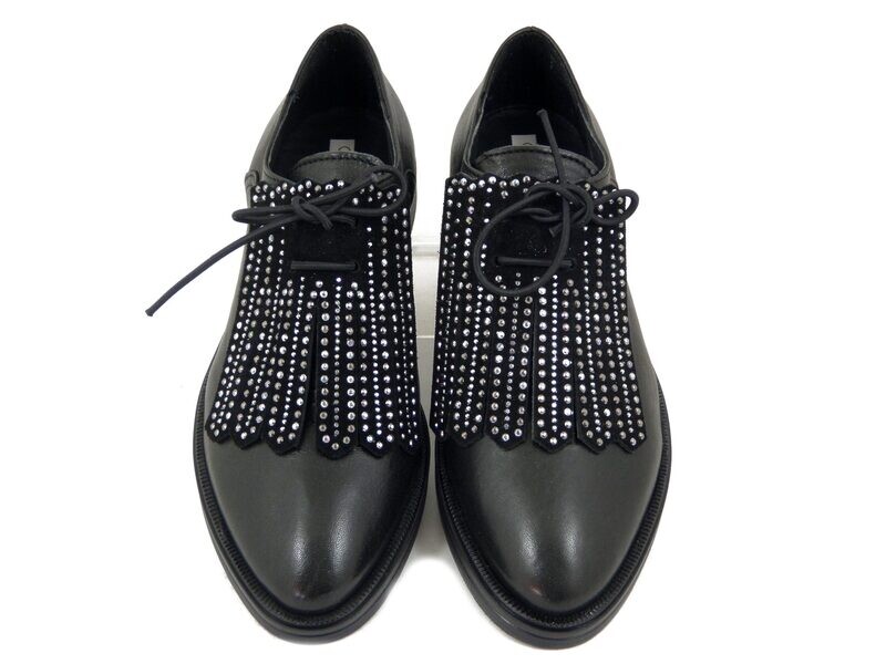 Scarpe Donna Francesine in Pelle Nero con Frangia di Strass rimovibile, Tacco Basso, Osvaldo Pericoli - 32002