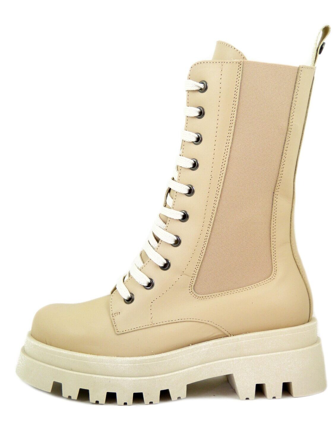 Stivaletti Stringati Anfibi Donna in Pelle Beige Crema con Cerniera, Raquel Perez - 20404
