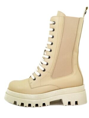 Stivaletti Stringati Anfibi Donna in Pelle Beige Crema con Cerniera, Raquel Perez - 20404