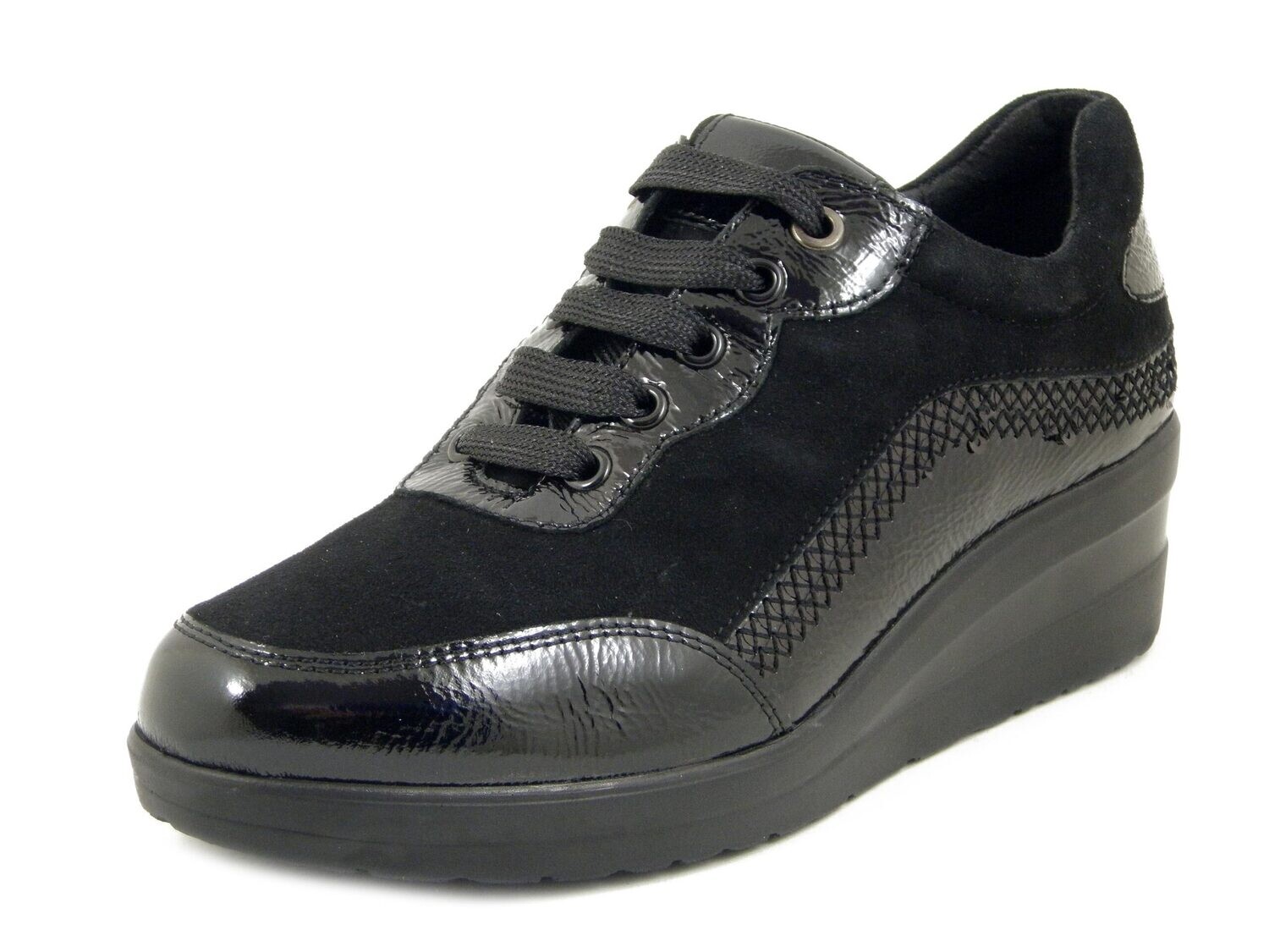 Sneakers Donna Comfort in Pelle Camoscio Nero, Zeppa Media, Sottopiede Estraibile, Pianta Comoda, CINZIA SOFT - 120700