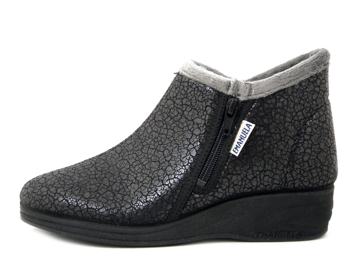 Stivaletti Donna Comfort in Caldo Tessuto Nero, Suola Antiscivolo con Zeppa Bassa, Emanuela - 806
