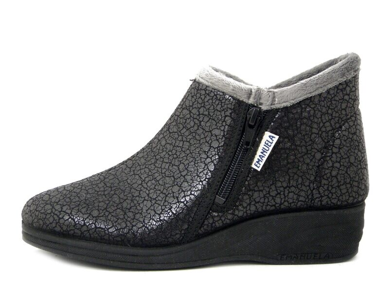 Stivaletti Donna Comfort in Caldo Tessuto Nero, Suola Antiscivolo con Zeppa Bassa, Emanuela - 806